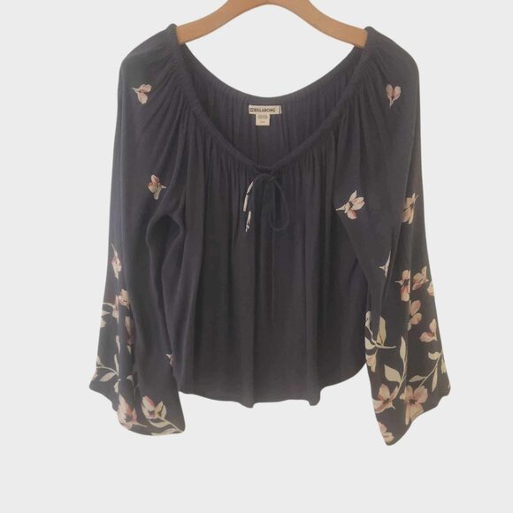 Billabong Floral Off the Shoulder Long Sleeve Top Light It Up Black Large NEW - Picture 1 of 14